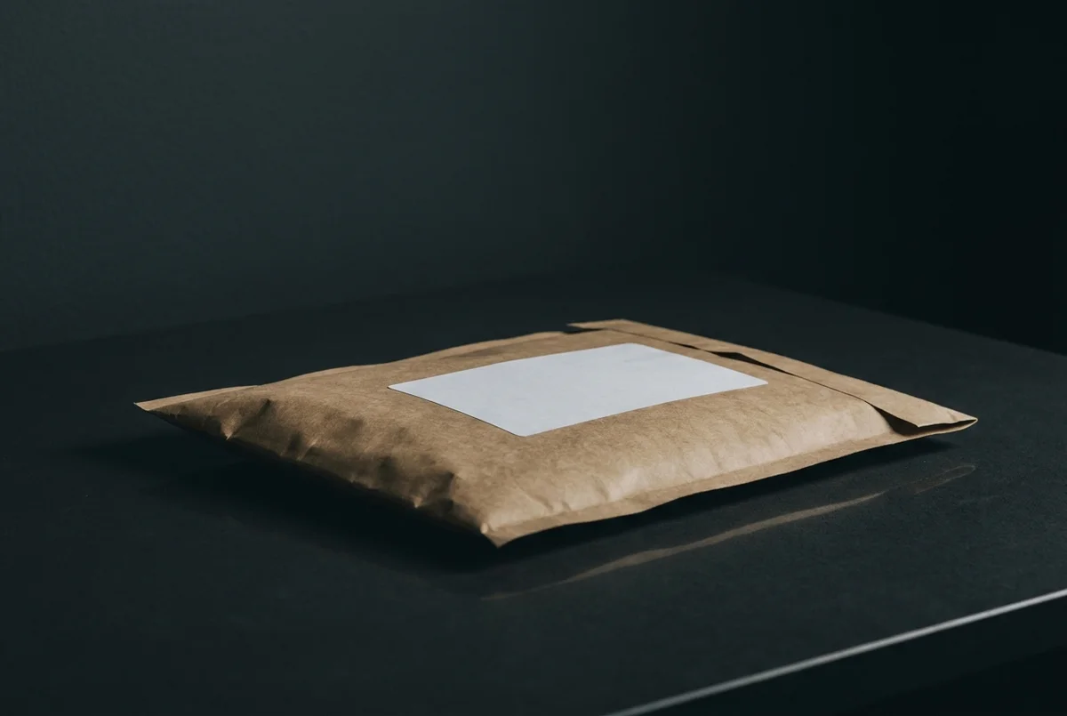Envelope postal internacional fechado sobre superfície grafite, com etiqueta em branco sob luz rasante lateral