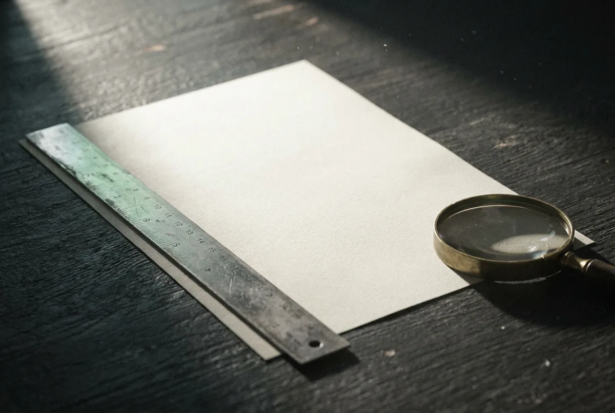 Folha em branco sobre mesa grafite, presa por régua de aço, com lupa ao lado