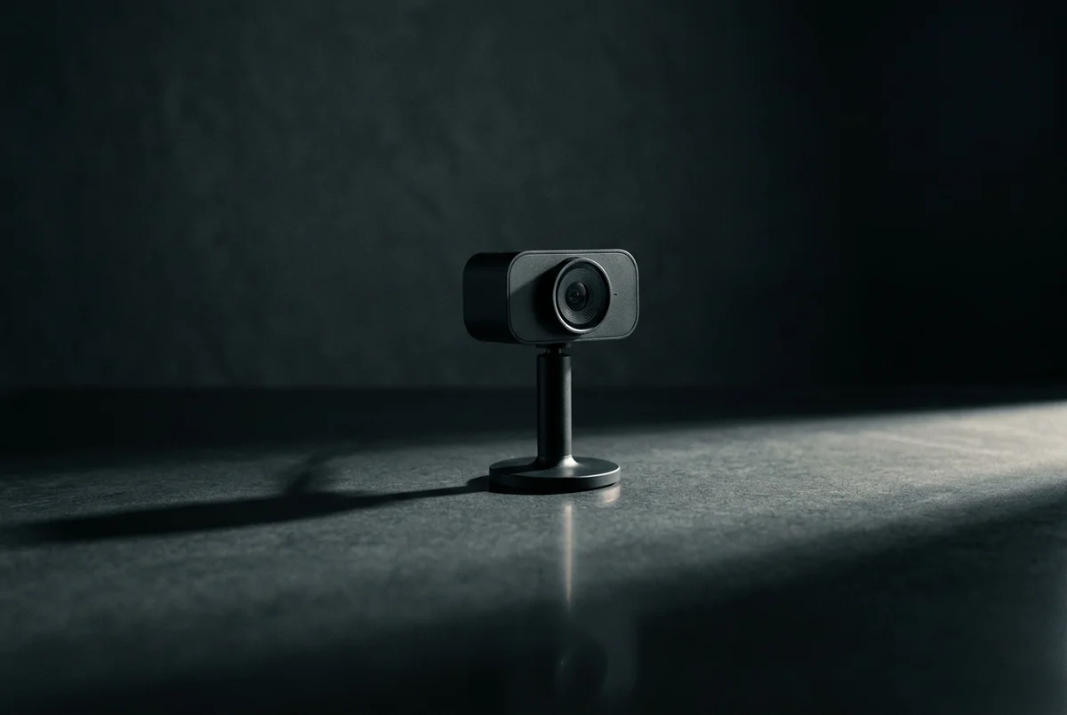 Webcam de mesa desligada sobre superfície grafite, com sombra alongada sob luz rasante lateral